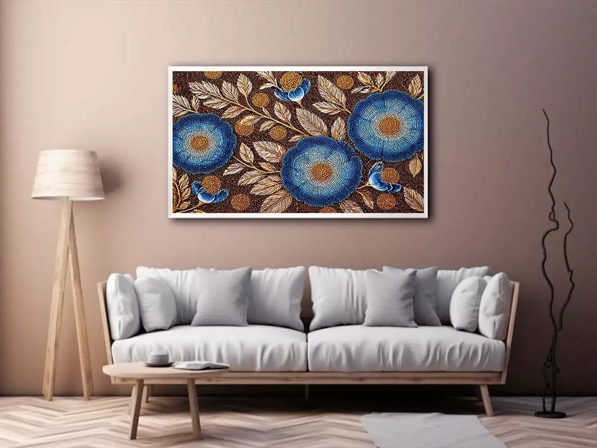 Blue floral dot pattern botanical wall art, modern elegant decor for homes in Paris, London, New York interiors
