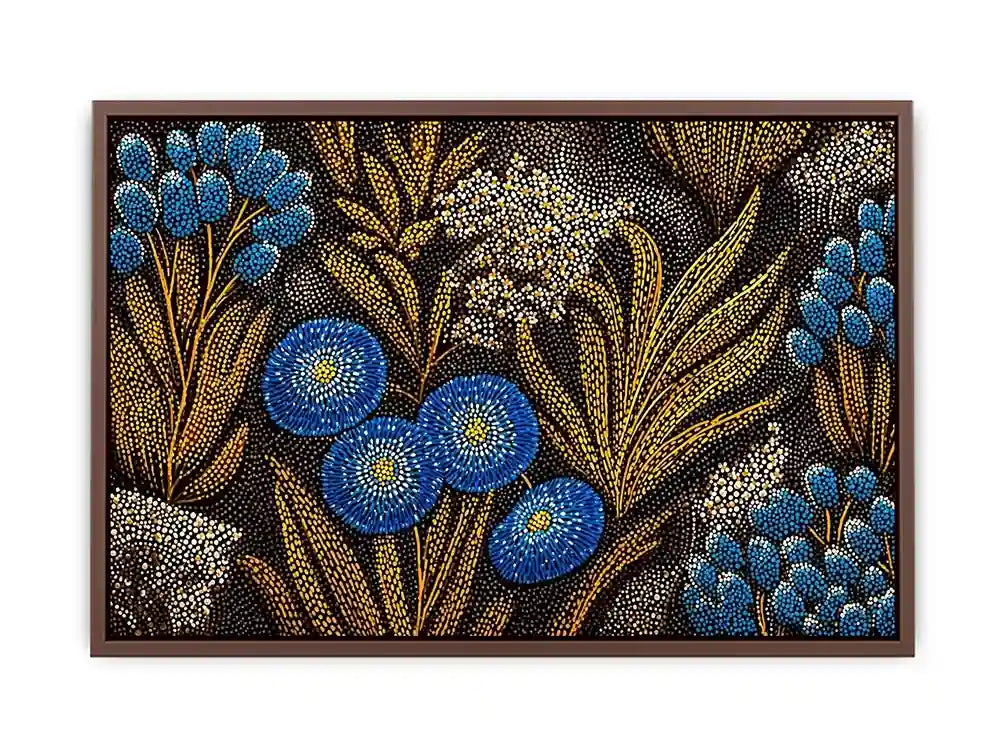 Blue and gold botanical dot pattern wall art, luxury modern decor for homes in New York, Paris, Dubai interiors