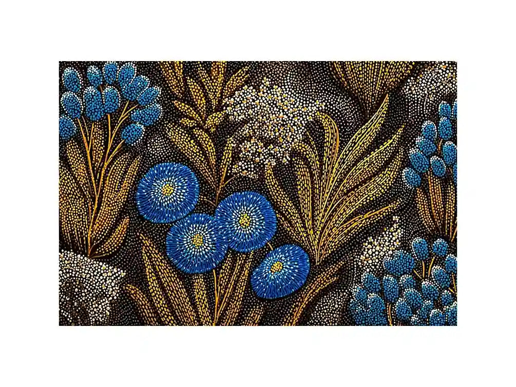 Blue and gold botanical dot pattern wall art, luxury modern decor for homes in New York, Paris, Dubai interiors