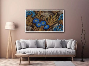 Blue and gold botanical dot pattern wall art, luxury modern decor for homes in New York, Paris, Dubai interiors