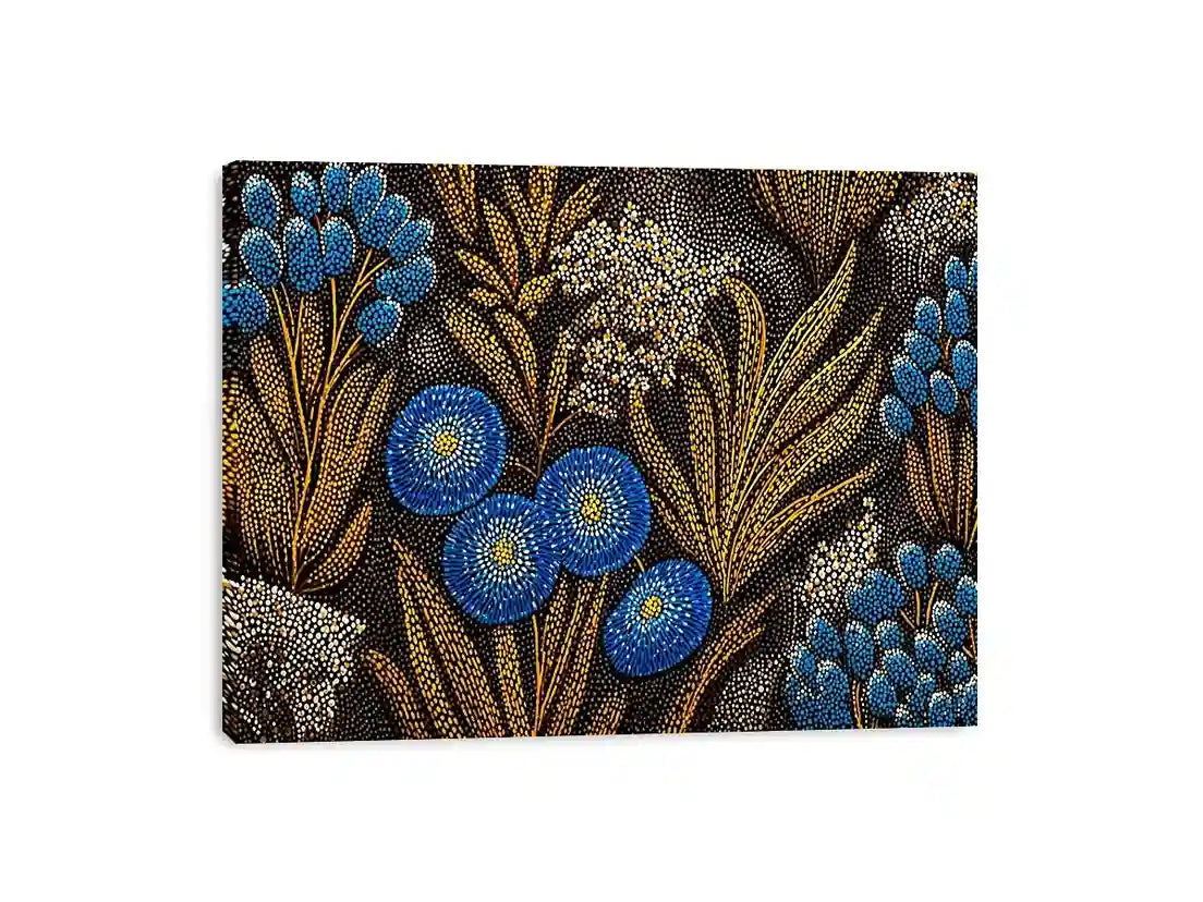 Blue and gold botanical dot pattern wall art, luxury modern decor for homes in New York, Paris, Dubai interiors