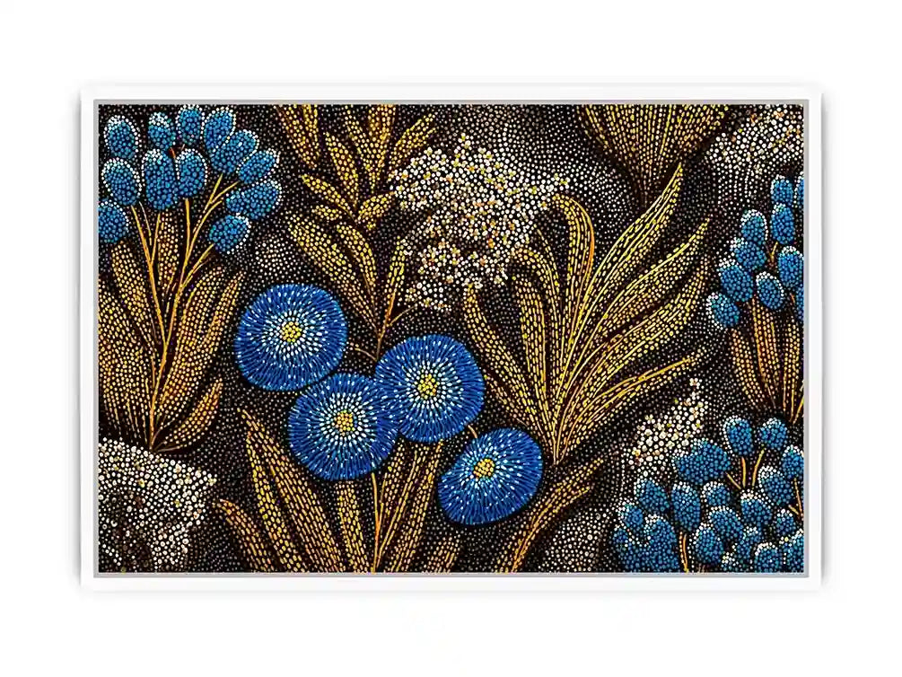 Blue and gold botanical dot pattern wall art, luxury modern decor for homes in New York, Paris, Dubai interiors