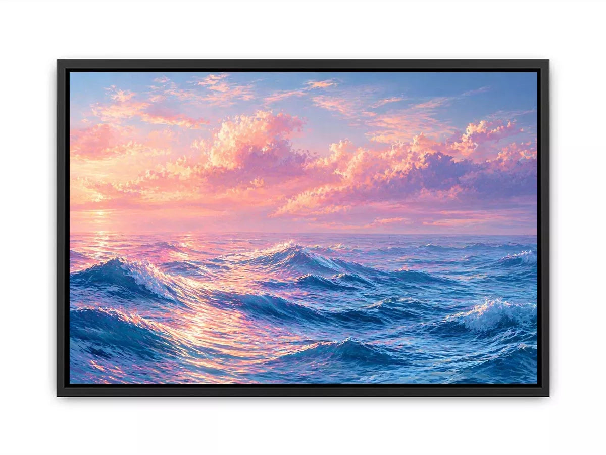 Pastel ocean waves wall art with dreamy sky, calming coastal decor for homes in California, Maldives, Australia interiors