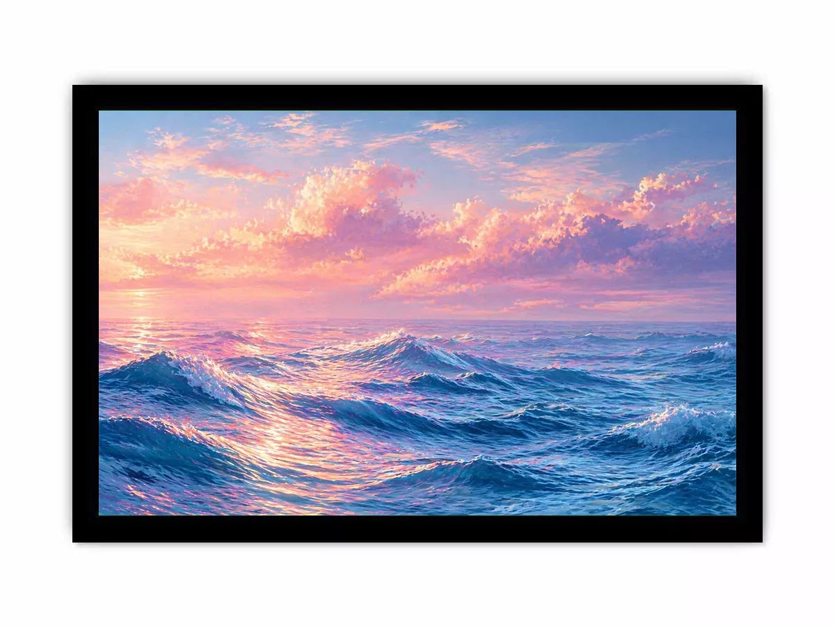 Pastel ocean waves wall art with dreamy sky, calming coastal decor for homes in California, Maldives, Australia interiors