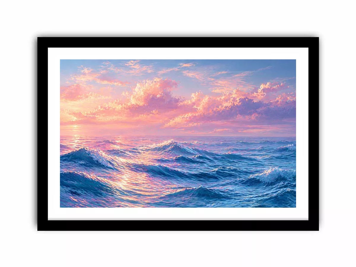 Pastel ocean waves wall art with dreamy sky, calming coastal decor for homes in California, Maldives, Australia interiors