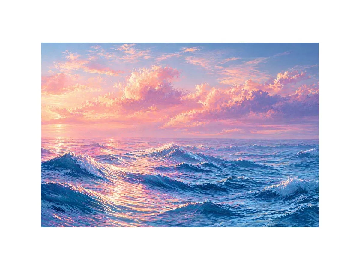 Pastel ocean waves wall art with dreamy sky, calming coastal decor for homes in California, Maldives, Australia interiors