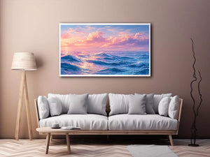Pastel ocean waves wall art with dreamy sky, calming coastal decor for homes in California, Maldives, Australia interiors