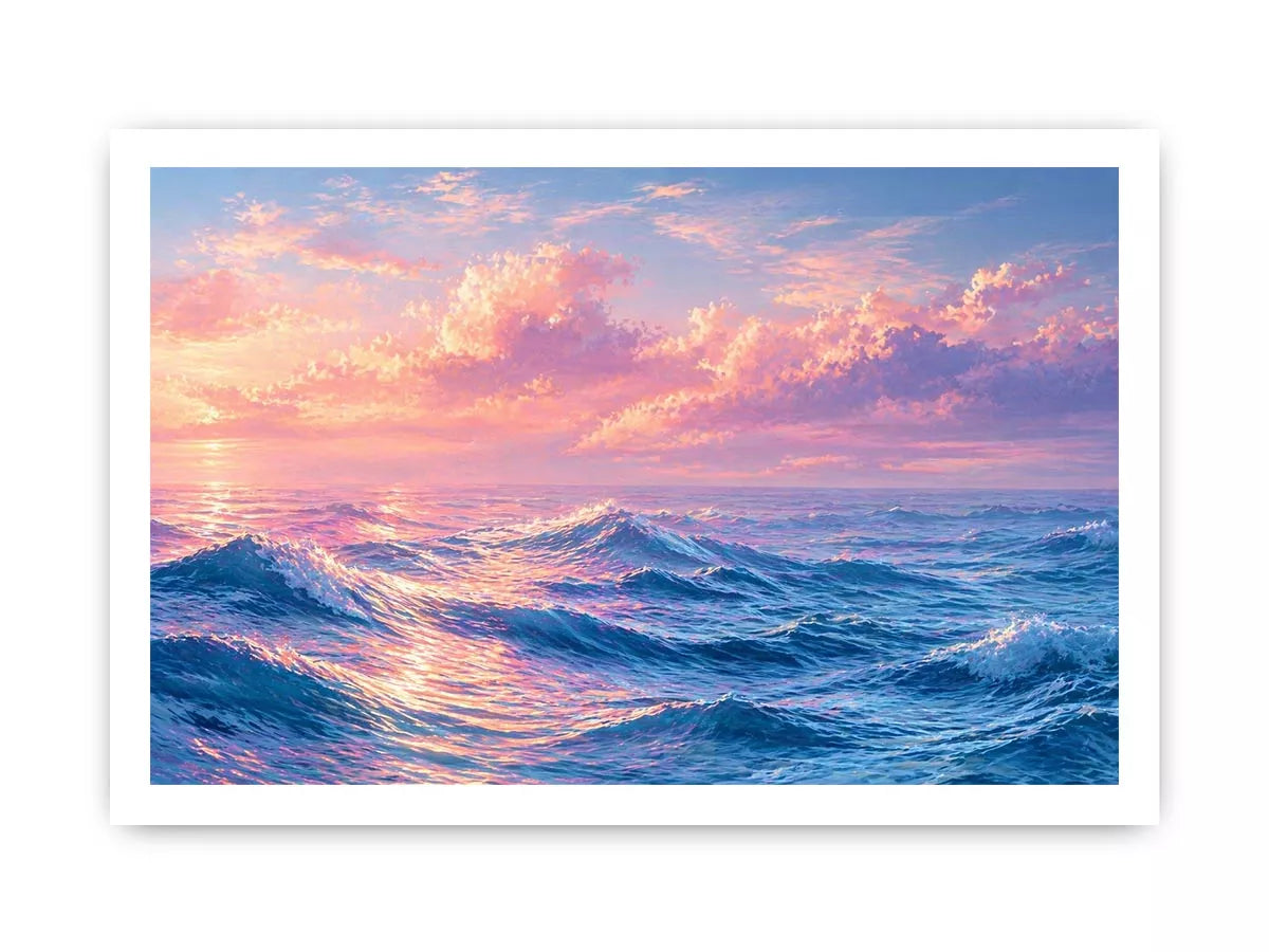 Pastel ocean waves wall art with dreamy sky, calming coastal decor for homes in California, Maldives, Australia interiors