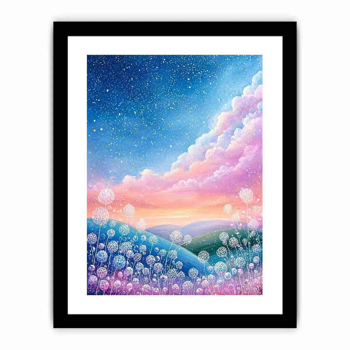 Dreamy pastel sky landscape wall art with floating floral elements, calming decor for homes in California, Paris, Tokyo interiors