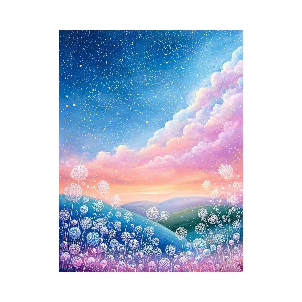 Dreamy pastel sky landscape wall art with floating floral elements, calming decor for homes in California, Paris, Tokyo interiors
