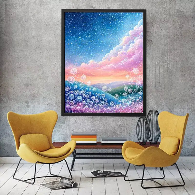 Dreamy pastel sky landscape wall art with floating floral elements, calming decor for homes in California, Paris, Tokyo interiors