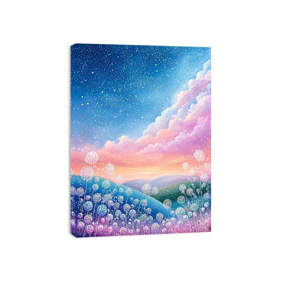 Dreamy pastel sky landscape wall art with floating floral elements, calming decor for homes in California, Paris, Tokyo interiors