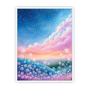 Dreamy pastel sky landscape wall art with floating floral elements, calming decor for homes in California, Paris, Tokyo interiors