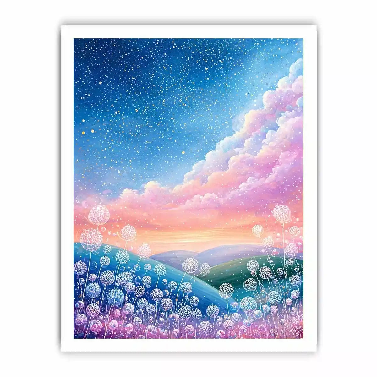 Dreamy pastel sky landscape wall art with floating floral elements, calming decor for homes in California, Paris, Tokyo interiors