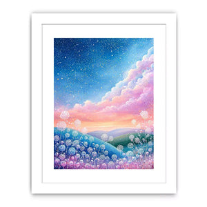 Dreamy pastel sky landscape wall art with floating floral elements, calming decor for homes in California, Paris, Tokyo interiors