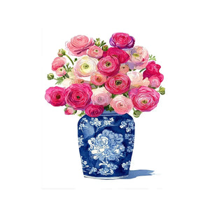 watercolor floral vase wall art with pink ranunculus flowers in blue porcelain elegant soft pastel canvas artwork