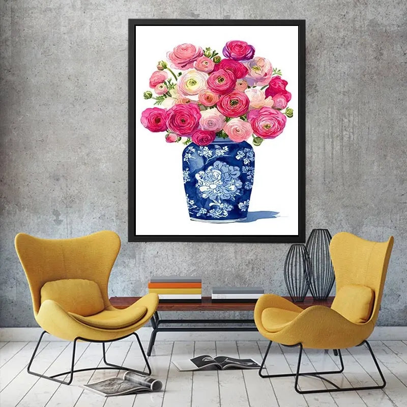 watercolor floral vase wall art with pink ranunculus flowers in blue porcelain elegant soft pastel canvas artwork