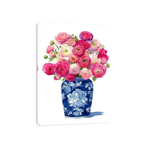 watercolor floral vase wall art with pink ranunculus flowers in blue porcelain elegant soft pastel canvas artwork