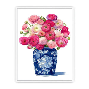 watercolor floral vase wall art with pink ranunculus flowers in blue porcelain elegant soft pastel canvas artwork