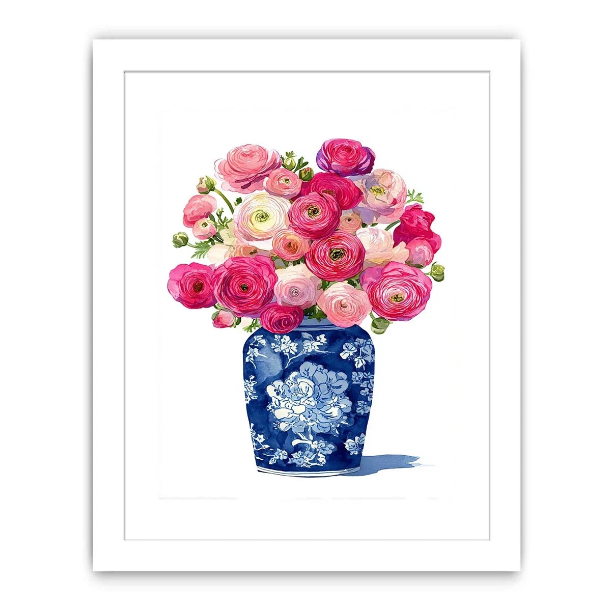 watercolor floral vase wall art with pink ranunculus flowers in blue porcelain elegant soft pastel canvas artwork