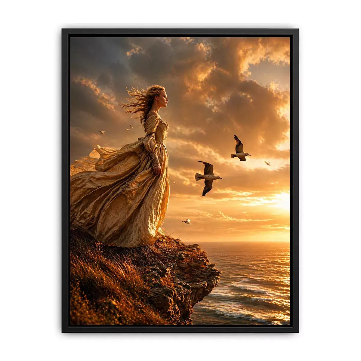 Vintage woman standing on ocean cliff at sunset wall art, dramatic coastal decor for luxury homes in California, Italy, Greece interiors