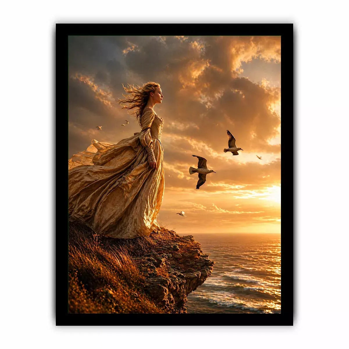 Vintage woman standing on ocean cliff at sunset wall art, dramatic coastal decor for luxury homes in California, Italy, Greece interiors