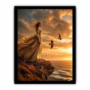 Vintage woman standing on ocean cliff at sunset wall art, dramatic coastal decor for luxury homes in California, Italy, Greece interiors