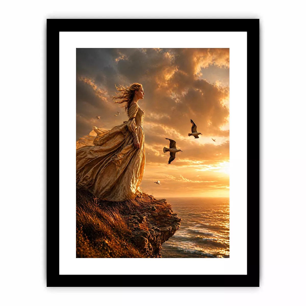 Vintage woman standing on ocean cliff at sunset wall art, dramatic coastal decor for luxury homes in California, Italy, Greece interiors
