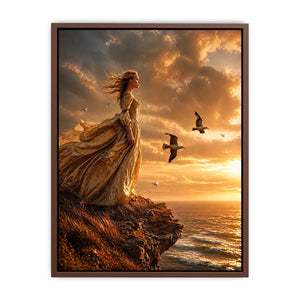 Vintage woman standing on ocean cliff at sunset wall art, dramatic coastal decor for luxury homes in California, Italy, Greece interiors