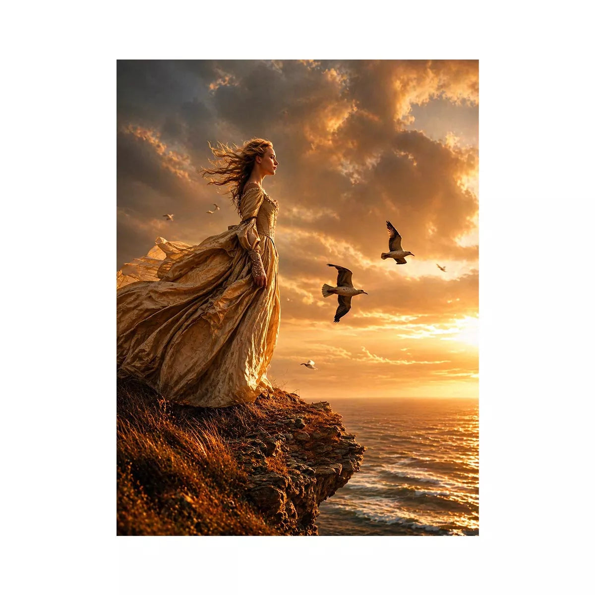 Vintage woman standing on ocean cliff at sunset wall art, dramatic coastal decor for luxury homes in California, Italy, Greece interiors