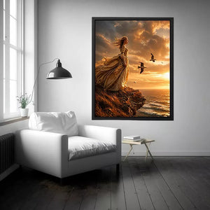 Vintage woman standing on ocean cliff at sunset wall art, dramatic coastal decor for luxury homes in California, Italy, Greece interiors