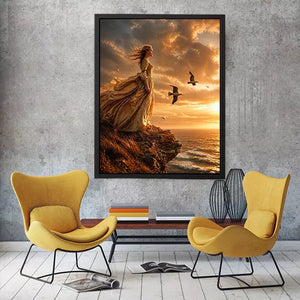 Vintage woman standing on ocean cliff at sunset wall art, dramatic coastal decor for luxury homes in California, Italy, Greece interiors