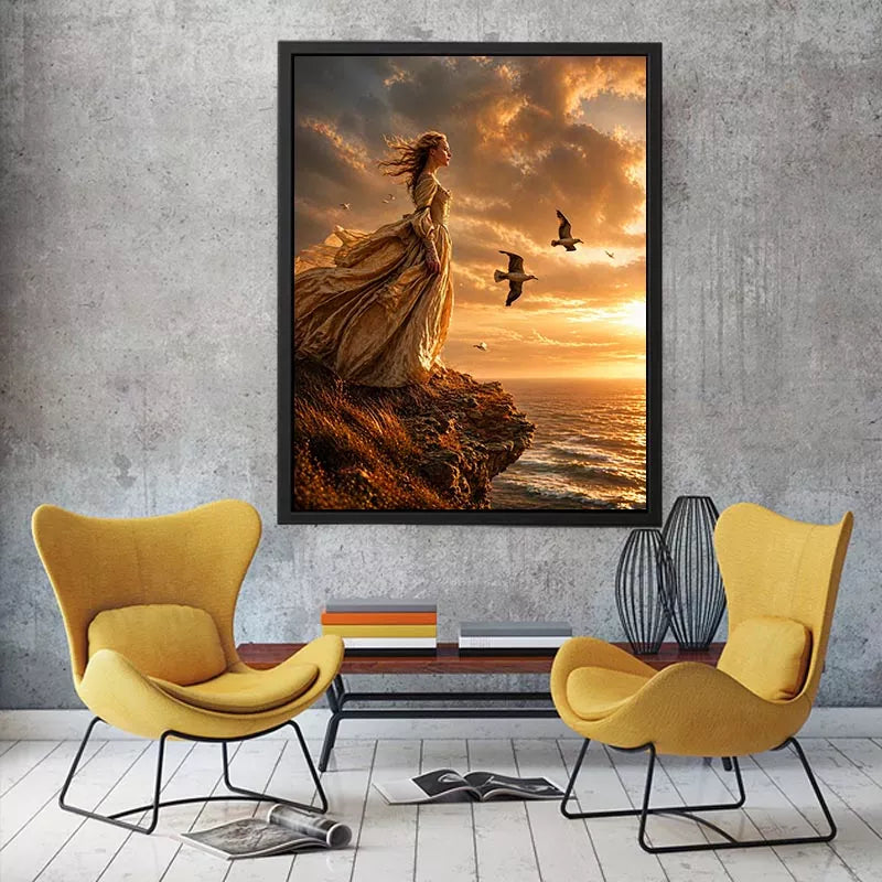 Vintage woman standing on ocean cliff at sunset wall art, dramatic coastal decor for luxury homes in California, Italy, Greece interiors