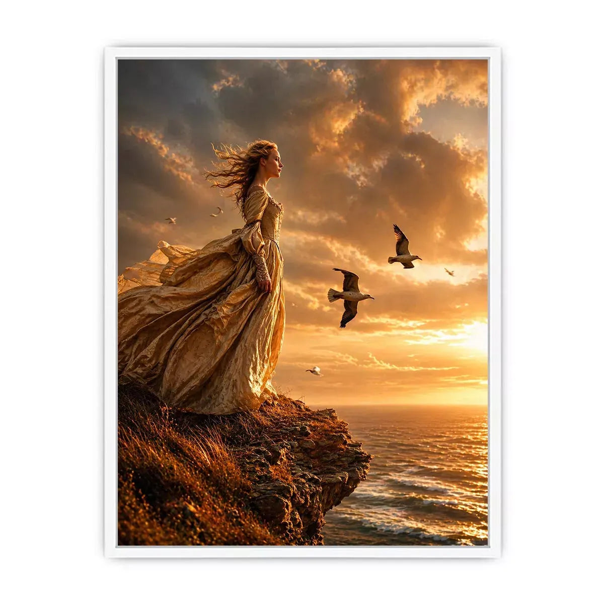 Vintage woman standing on ocean cliff at sunset wall art, dramatic coastal decor for luxury homes in California, Italy, Greece interiors