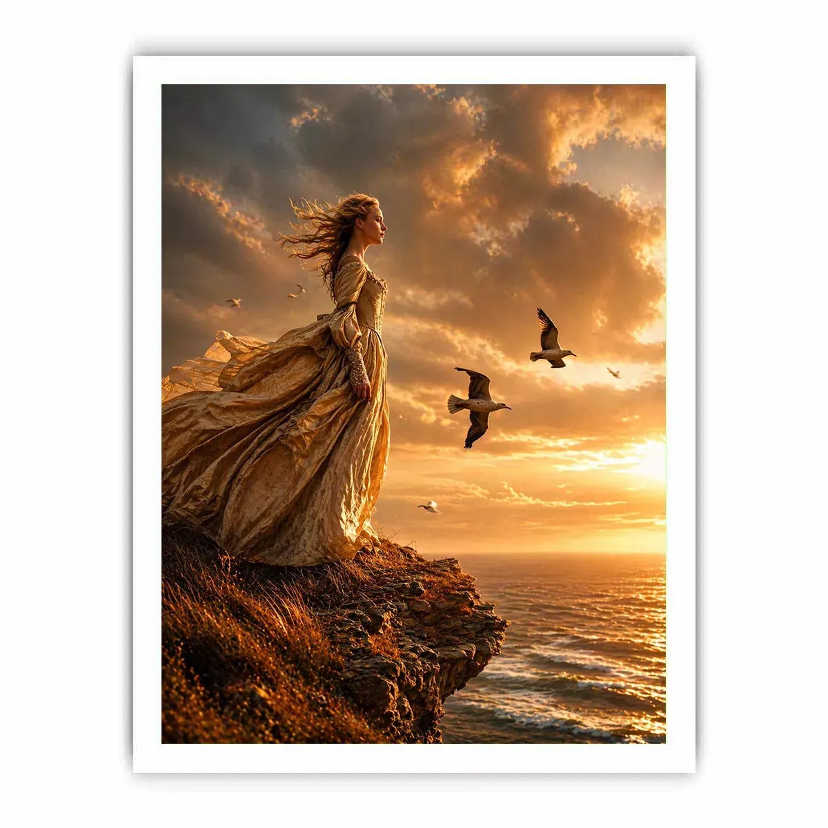 Vintage woman standing on ocean cliff at sunset wall art, dramatic coastal decor for luxury homes in California, Italy, Greece interiors