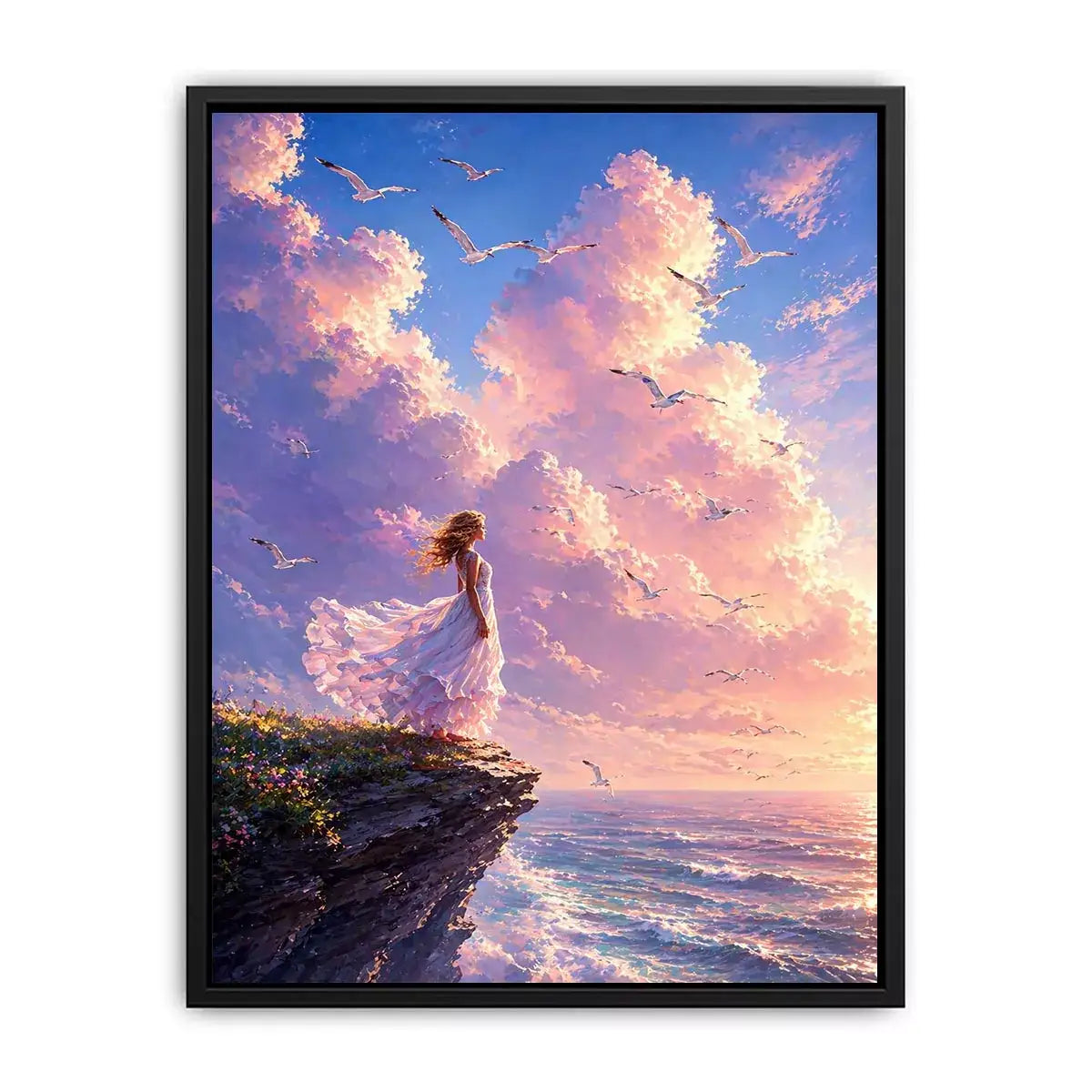Dreamy woman standing on cliff with birds and pastel sky wall art, calming decor for homes in California, Santorini, Paris interiors