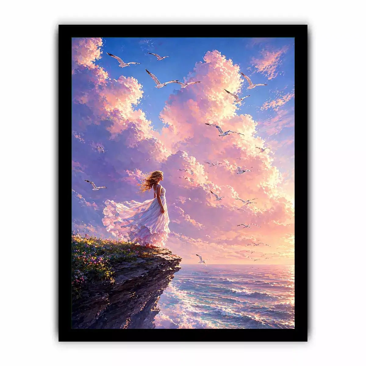 Dreamy woman standing on cliff with birds and pastel sky wall art, calming decor for homes in California, Santorini, Paris interiors