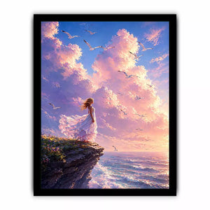 Dreamy woman standing on cliff with birds and pastel sky wall art, calming decor for homes in California, Santorini, Paris interiors