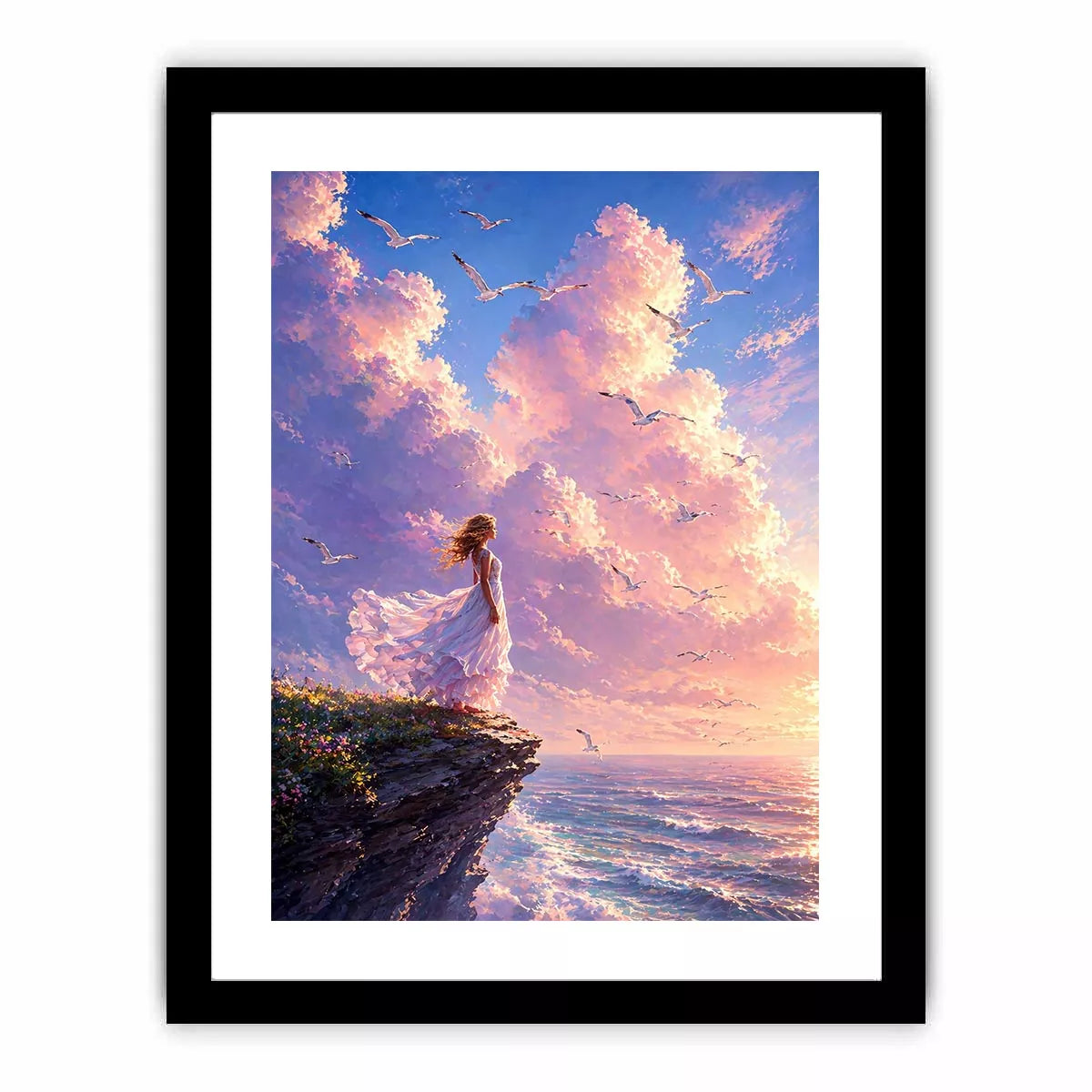 Dreamy woman standing on cliff with birds and pastel sky wall art, calming decor for homes in California, Santorini, Paris interiors