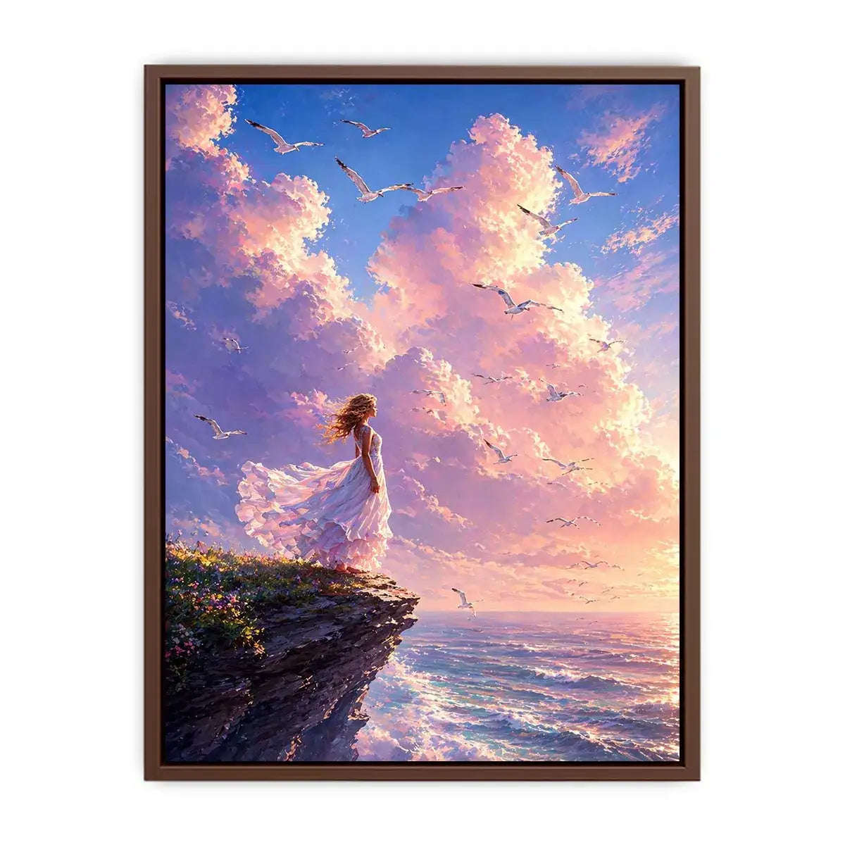 Dreamy woman standing on cliff with birds and pastel sky wall art, calming decor for homes in California, Santorini, Paris interiors