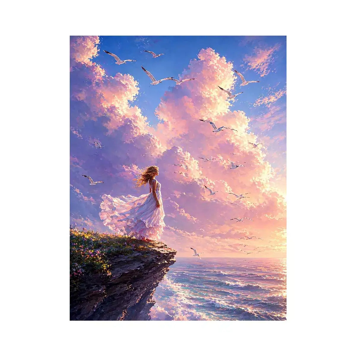 Dreamy woman standing on cliff with birds and pastel sky wall art, calming decor for homes in California, Santorini, Paris interiors