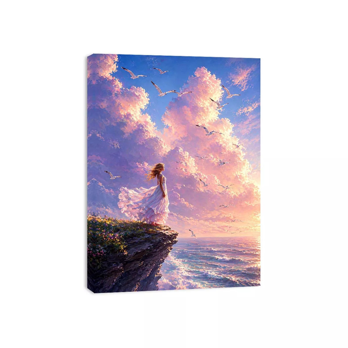 Dreamy woman standing on cliff with birds and pastel sky wall art, calming decor for homes in California, Santorini, Paris interiors