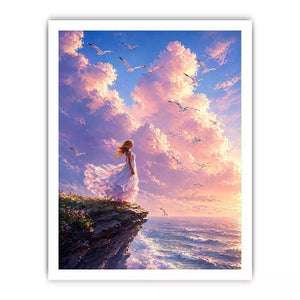 Dreamy woman standing on cliff with birds and pastel sky wall art, calming decor for homes in California, Santorini, Paris interiors