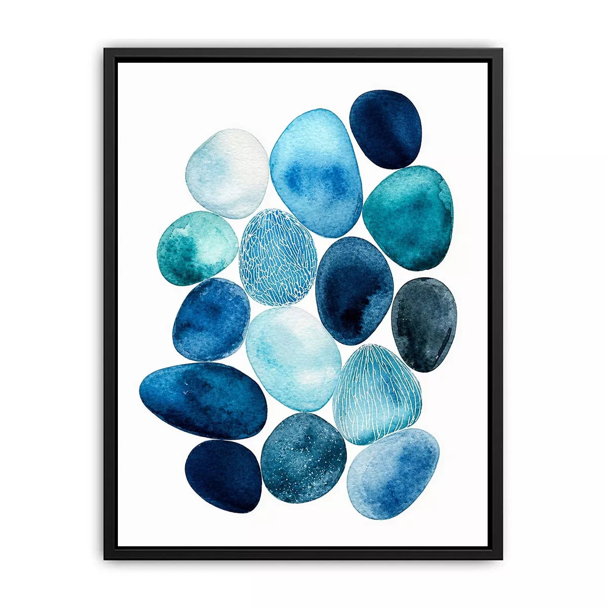 Minimalist blue pebble watercolor wall art, coastal modern decor for homes in California, Australia, Scandinavian interiors