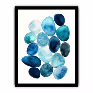Minimalist blue pebble watercolor wall art, coastal modern decor for homes in California, Australia, Scandinavian interiors