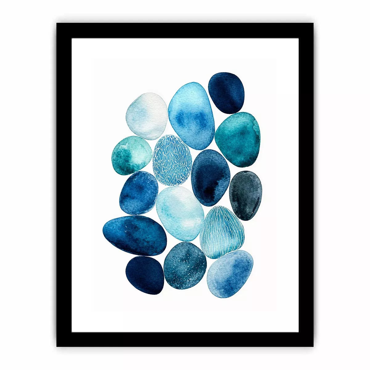 Minimalist blue pebble watercolor wall art, coastal modern decor for homes in California, Australia, Scandinavian interiors