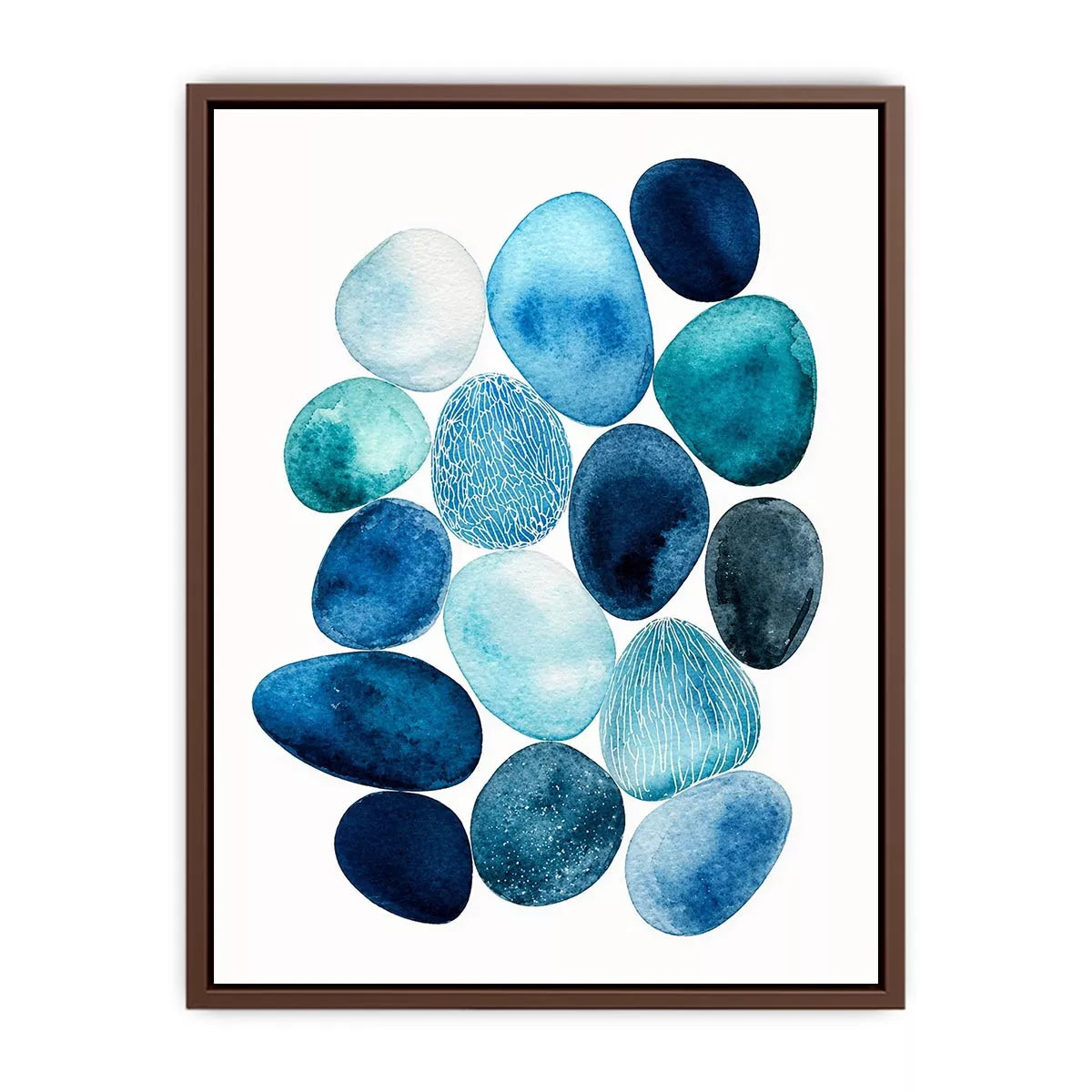 Minimalist blue pebble watercolor wall art, coastal modern decor for homes in California, Australia, Scandinavian interiors