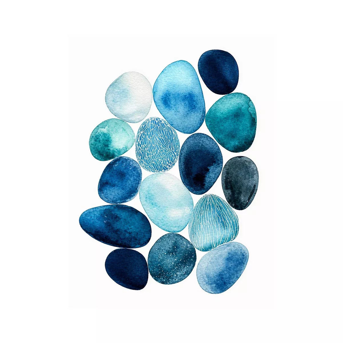 Minimalist blue pebble watercolor wall art, coastal modern decor for homes in California, Australia, Scandinavian interiors