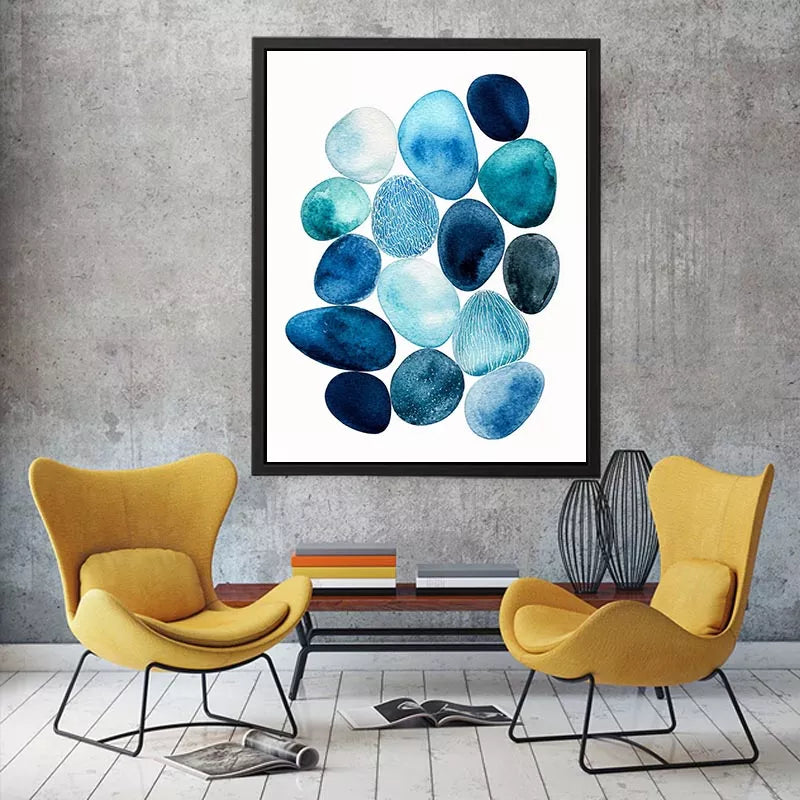 Minimalist blue pebble watercolor wall art, coastal modern decor for homes in California, Australia, Scandinavian interiors