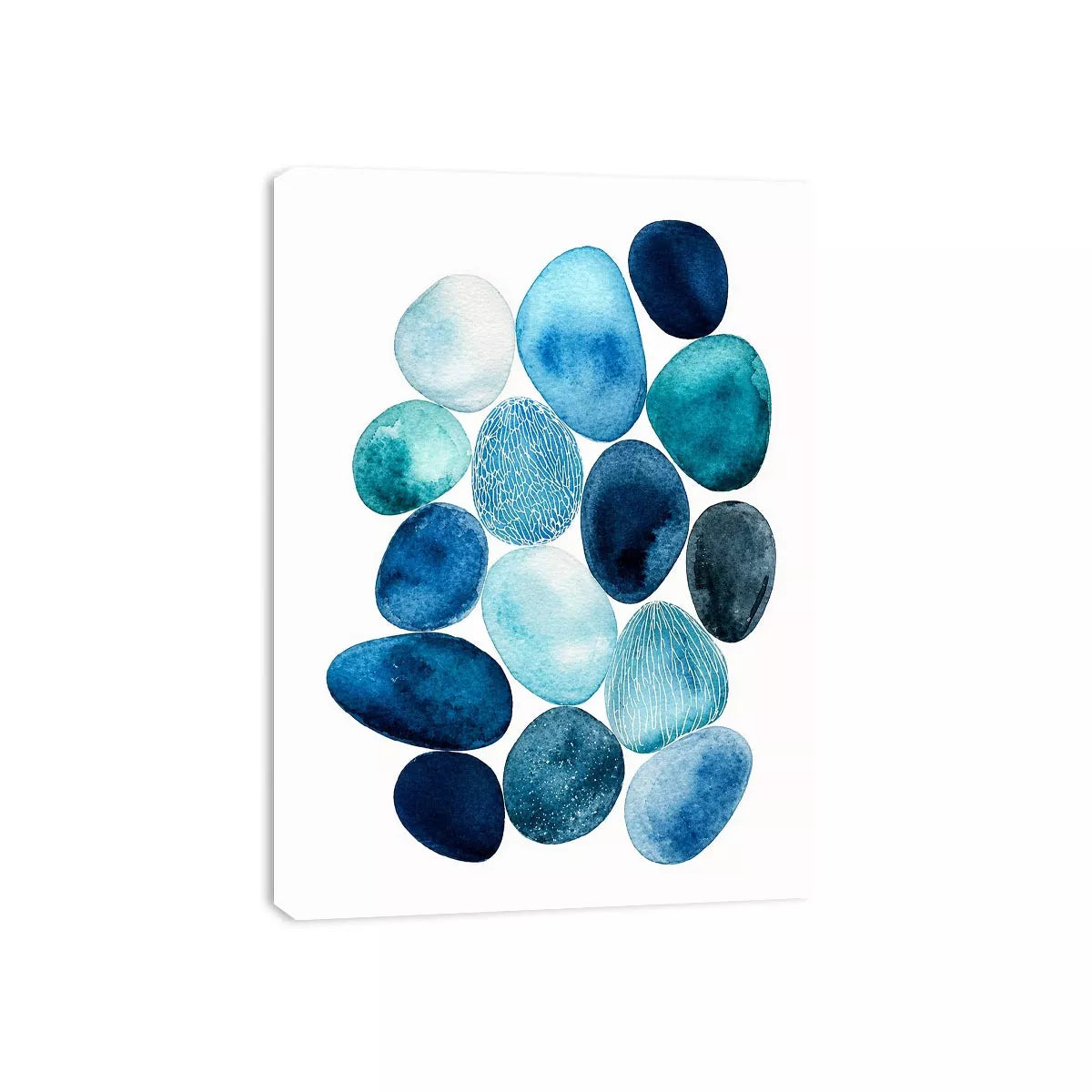 Minimalist blue pebble watercolor wall art, coastal modern decor for homes in California, Australia, Scandinavian interiors